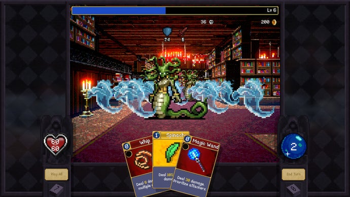Vampire Crawlers: Vampire Survivors의 Turbo Wildcard는 1인칭 덱빌딩 스핀오프 게임입니다.