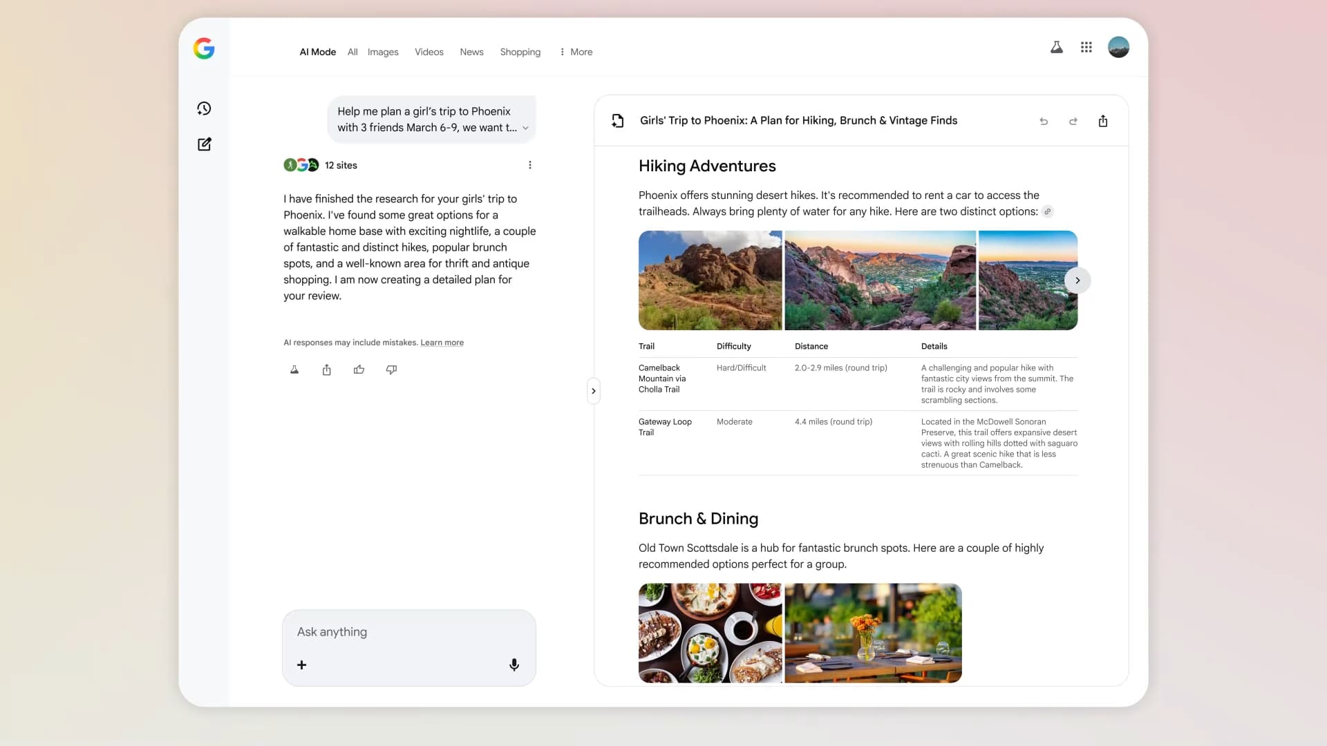 Google AI 모드는 여행 계획을 세우고 대리 예약을 시작하는 데 도움이 됩니다