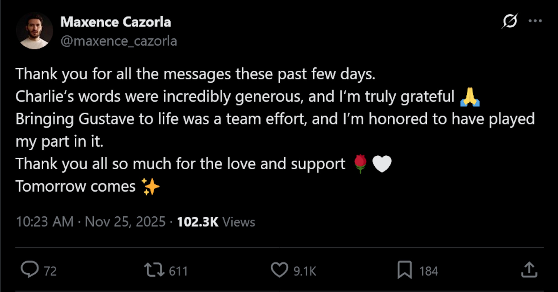 Clair Obscur mocap 배우 Maxence Cazorla가 Charlie Cox의 친절한 작업에 감사를 표하면서 서클이 종료되었습니다