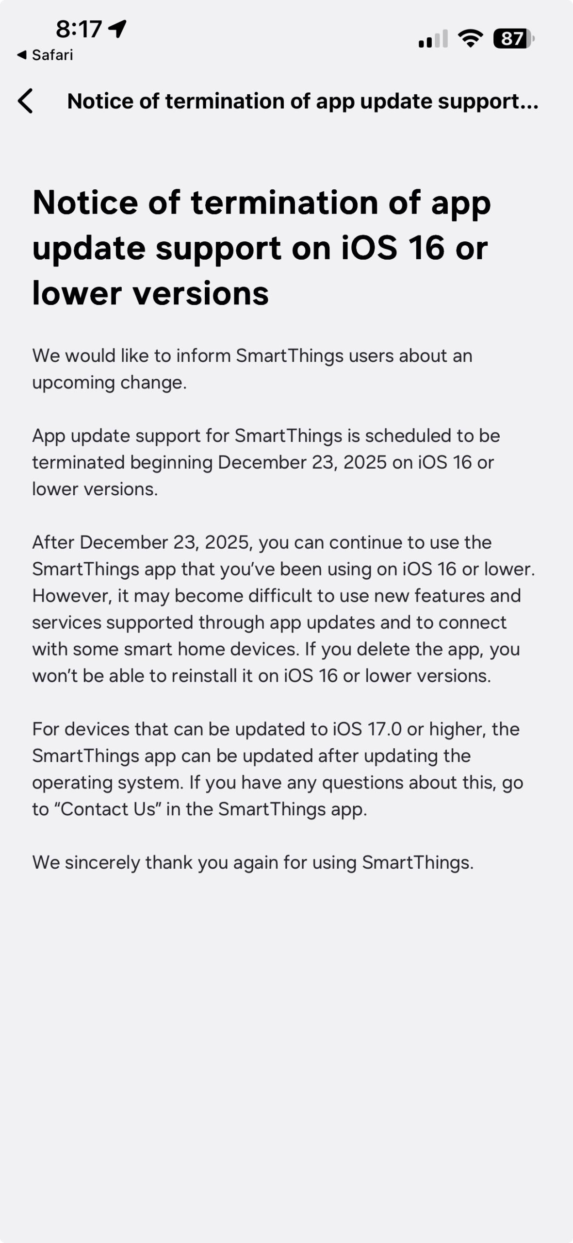 삼성은 이 iPhone 모델에서 SmartThings 앱 지원을 종료합니다