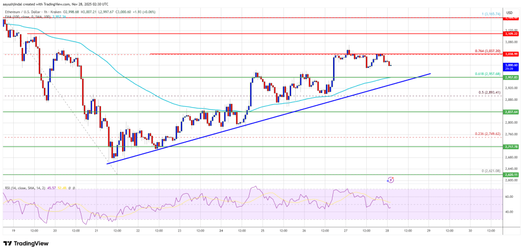 시장이 임박한 변동성 변화를 주시하면서 이더리움 거래는 3,000달러에서 꾸준히 거래됨