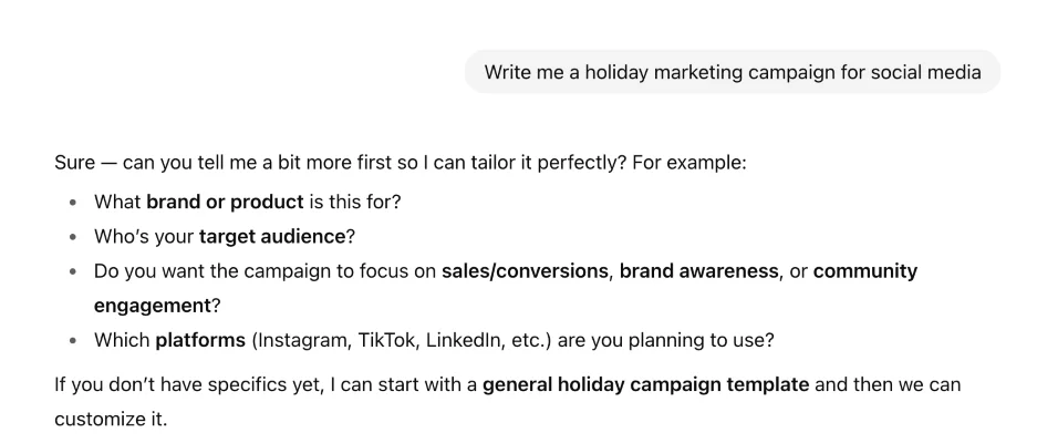 휴일 마케팅 이메일, 소셜 게시물 등에 대한 AI 프롬프트
