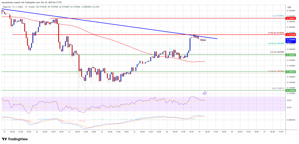 Dogecoin (DOGE)이 저항에 도달하고 회복 모멘텀이 처음으로 퇴색 조짐을 보임