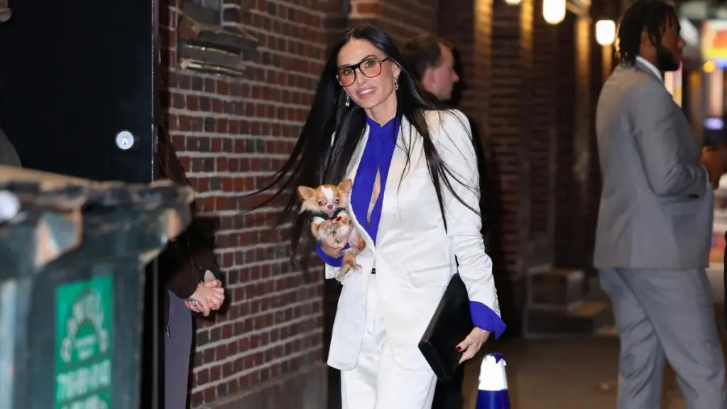 Demi Moore Dazzles in Tom Ford Suit With Bold Neckline