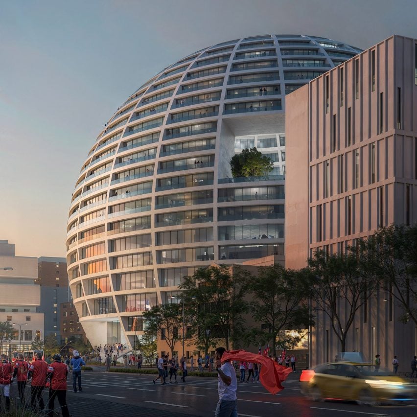 Dezeen Agenda는 티라나 스포츠 경기장을 위한 MVRDV의 거대한 구체를 선보입니다